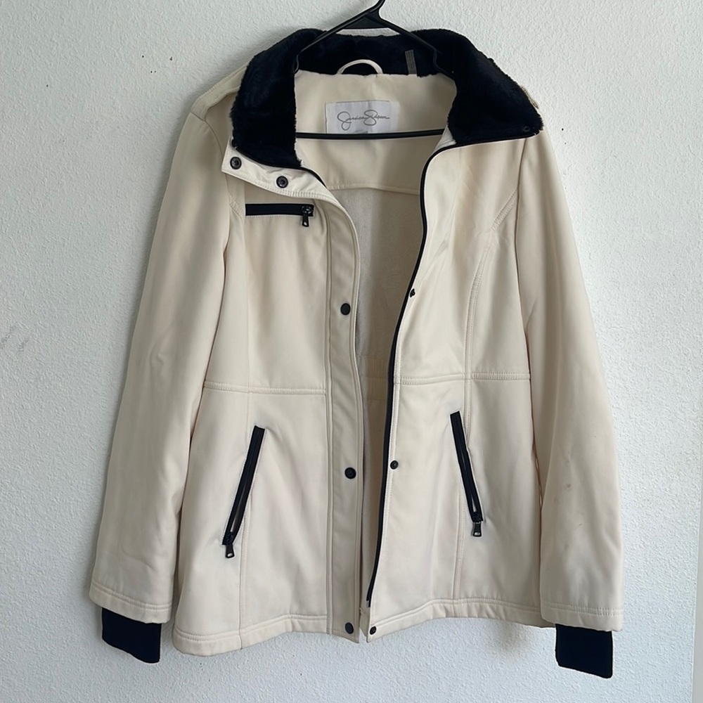 White with black fur coat/jacket. Jessica Simpson brand size large